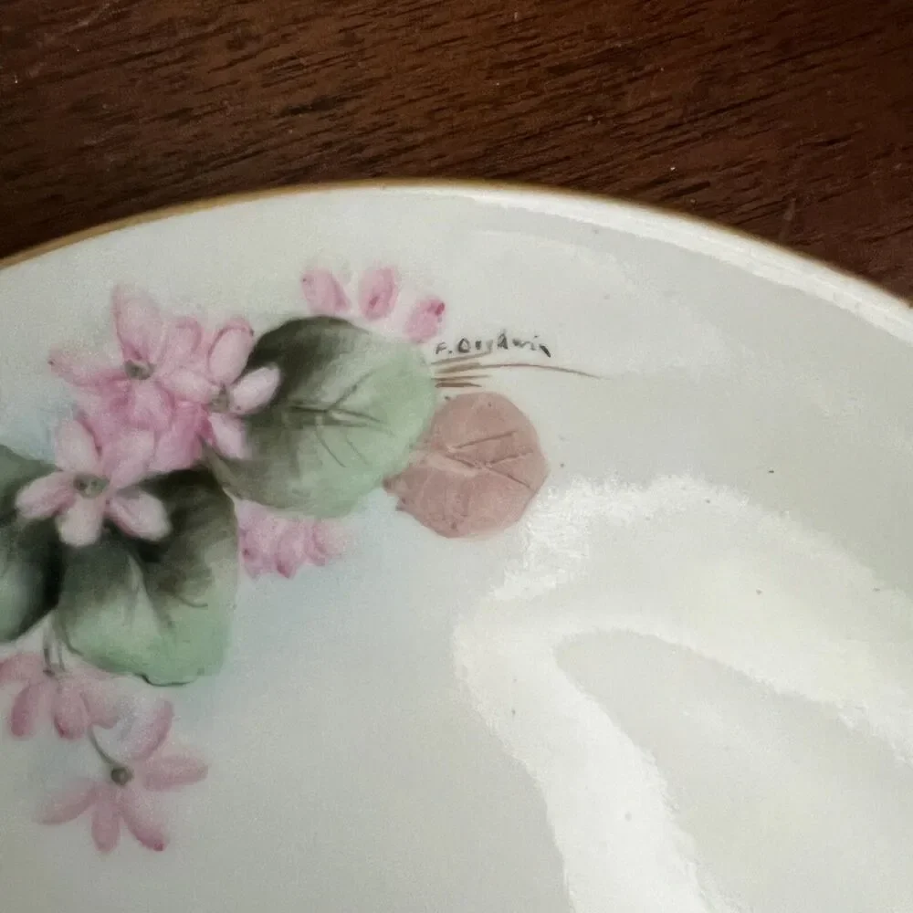 Vintage Hand Painted 2 Round Serving Platters w Handles 1 Bowl Pink Floral Sign